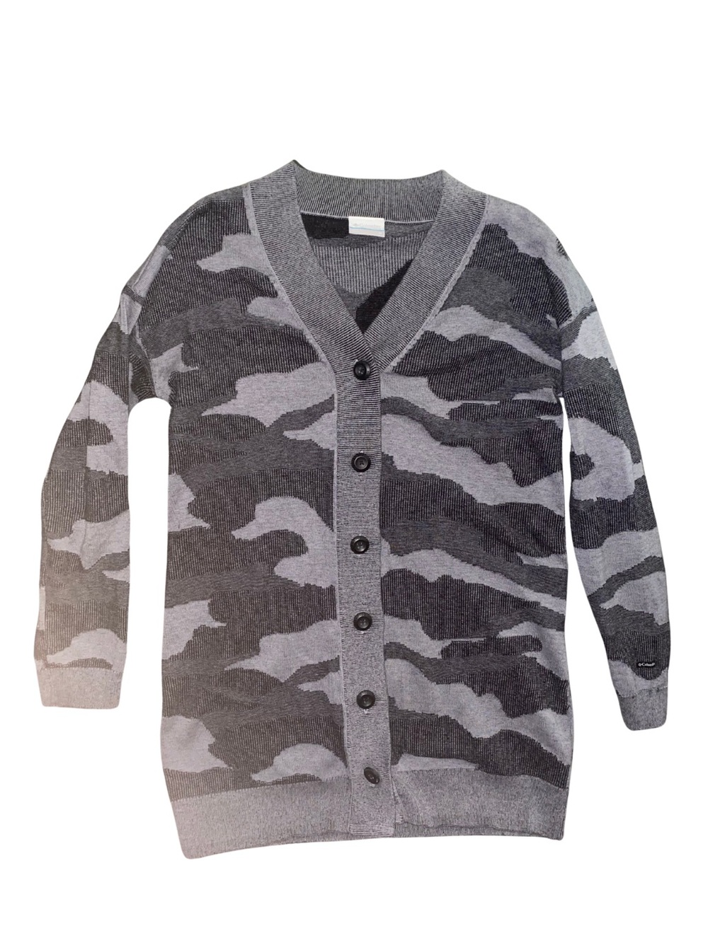 Columbia Womens M Camo Cardigan Sweater Gray Black Button Front Long Tunic